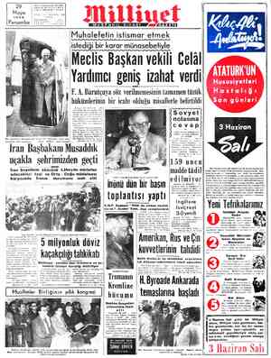  Mayıs 1952 “ ğ Perşembe : Posta Kutusu LEFON: GAZETE İran Bâşbakanı Musaddık hava mey- imi- Önemli) Muhalefetin istismar...