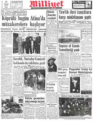  | 27 cak 1953 Salı Adreş: Nuruosmaniye Türbedar Sokak Ne Telgraf; MİLLİYET - İstanbul YIL: 8—SAYI: 18 İSTANBUL 977 o1 rosLa