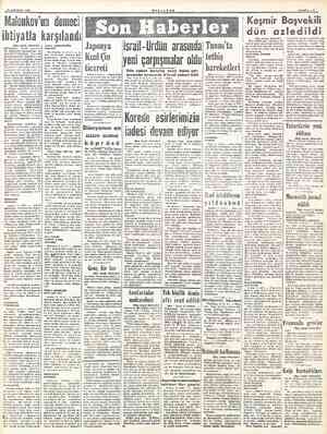  10 AĞUSTOS 1953 Malenkov'un demeci ihtiyatla karşılandı IBaş tarafı birincidel edilmesinin harici siyasette bir değişiklik