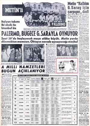 İtalyan takımı İki eksik ile İstanbul'da PALERMO, BÜGECE 6. SARAYlA OYNUYOR Sact 20'de başlayacak maça alâka büyük. Metin...