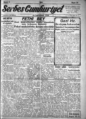 Serbes Cumhuriyet Gazetesi 18 Kasım 1930 kapağı