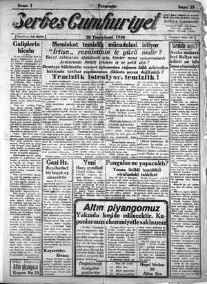 Serbes Cumhuriyet Gazetesi 20 Kasım 1930 kapağı