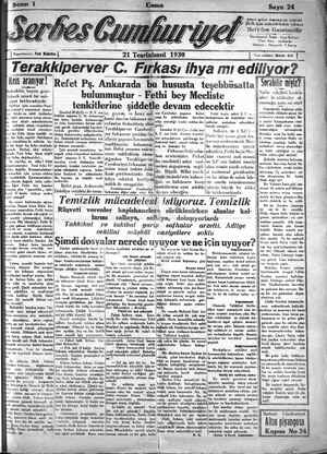 Serbes Cumhuriyet Gazetesi 21 Kasım 1930 kapağı