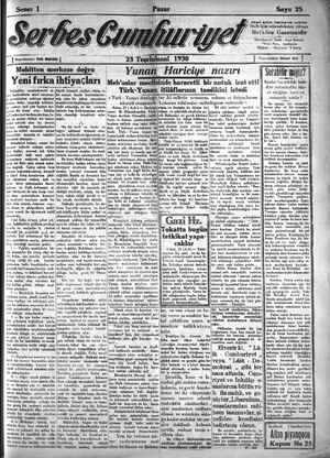 Serbes Cumhuriyet Gazetesi 23 Kasım 1930 kapağı