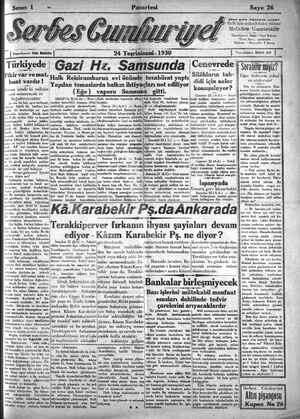 Serbes Cumhuriyet Gazetesi 24 Kasım 1930 kapağı