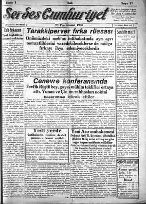 Serbes Cumhuriyet Gazetesi 25 Kasım 1930 kapağı