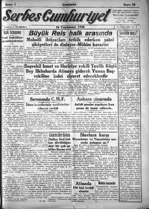 Serbes Cumhuriyet Gazetesi 26 Kasım 1930 kapağı