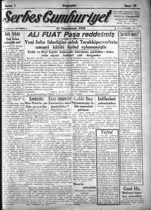 Serbes Cumhuriyet Gazetesi 27 Kasım 1930 kapağı