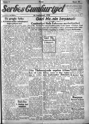 Serbes Cumhuriyet Gazetesi 30 Kasım 1930 kapağı