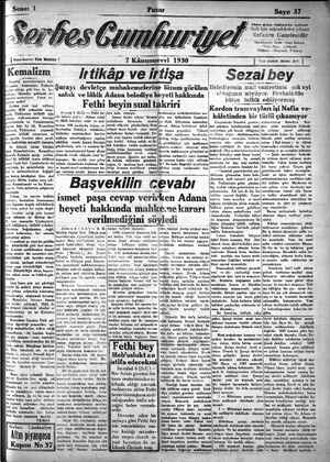 Serbes Cumhuriyet Gazetesi 7 Aralık 1930 kapağı