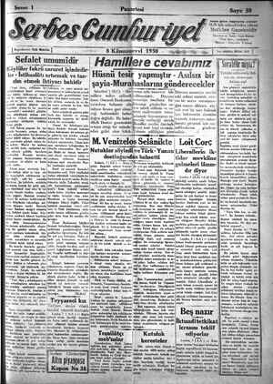 Serbes Cumhuriyet Gazetesi 8 Aralık 1930 kapağı
