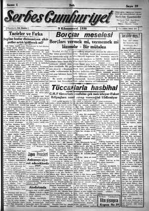 Serbes Cumhuriyet Gazetesi 9 Aralık 1930 kapağı