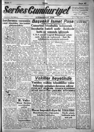 Serbes Cumhuriyet Gazetesi 12 Aralık 1930 kapağı