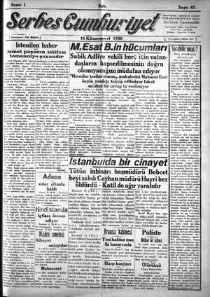 Serbes Cumhuriyet Gazetesi 16 Aralık 1930 kapağı