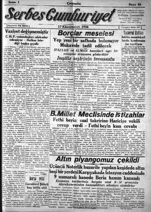Serbes Cumhuriyet Gazetesi 17 Aralık 1930 kapağı