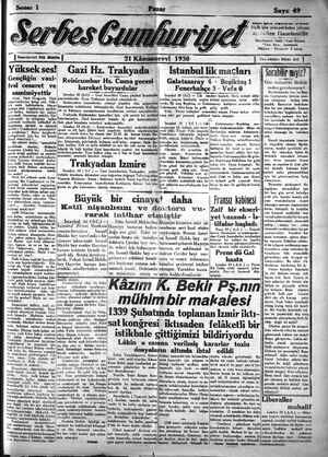 Serbes Cumhuriyet Gazetesi 21 Aralık 1930 kapağı