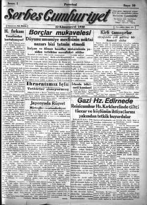 Serbes Cumhuriyet Gazetesi 22 Aralık 1930 kapağı