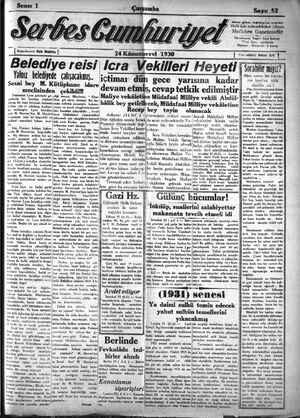 Serbes Cumhuriyet Gazetesi 24 Aralık 1930 kapağı