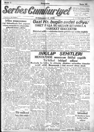 Serbes Cumhuriyet Gazetesi 25 Aralık 1930 kapağı