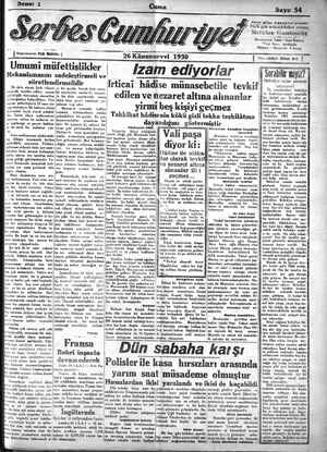 Serbes Cumhuriyet Gazetesi 26 Aralık 1930 kapağı