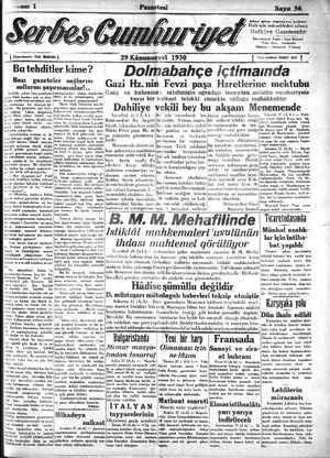 Serbes Cumhuriyet Gazetesi 29 Aralık 1930 kapağı