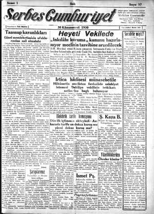 Serbes Cumhuriyet Gazetesi 30 Aralık 1930 kapağı