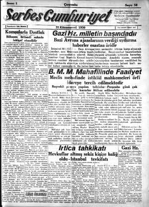 Serbes Cumhuriyet Gazetesi 31 Aralık 1930 kapağı