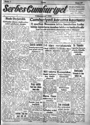 Serbes Cumhuriyet Gazetesi 9 Ocak 1931 kapağı