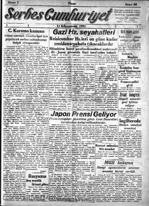 Serbes Cumhuriyet Gazetesi 11 Ocak 1931 kapağı