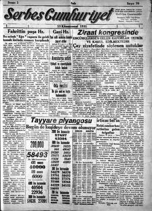 Serbes Cumhuriyet Gazetesi 13 Ocak 1931 kapağı