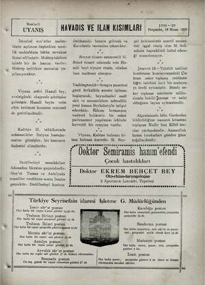  par # Resimli UYANIŞ HAVADIS VE ILAN KISIMLARI : 1705—20 / Perşembe, 18 Nisan 1929 İstanbul sam'atlar mekte- binde açılması