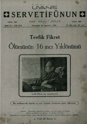 Servetifunun (Uyanış) Dergisi 20 Ağustos 1931 kapağı