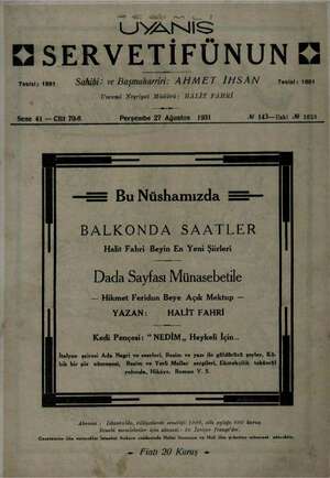 Servetifunun (Uyanış) Dergisi 27 Ağustos 1931 kapağı