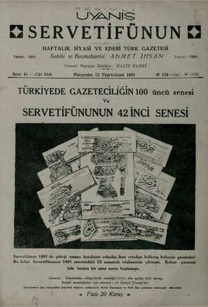 Servetifunun (Uyanış) Dergisi 12 Kasım 1931 kapağı