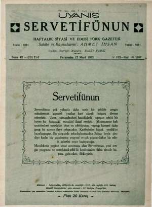Servetifunun (Uyanış) Dergisi 17 Mart 1932 kapağı