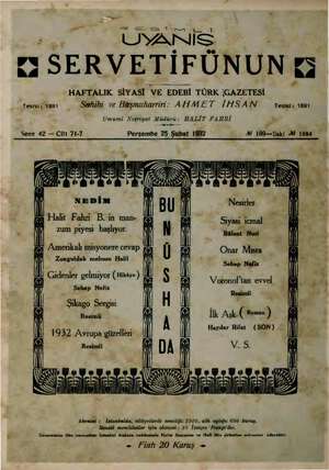Servetifunun (Uyanış) Dergisi 25 Nisan 1932 kapağı