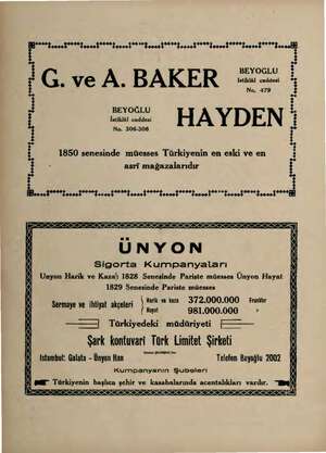  #G.veA. BAKER önün No. 479 BEYOĞLU i j İstiklâl caddesi DEN No. 306-308 1850 senesinde müesses Türkiyenin en eski ve en asri
