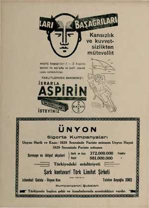        Kansızlık ve kuvvet- sizlikten mütevellit müz'iç başağrıları 1 — 2 Aspirin tableti ile sür'atle ve kat'i olarak ii...