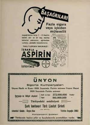      Fazla sigara veya içkiden mütevellit başağrılarına Karşı 1 — 2 Aspirin tableti alır ve bir kaç dakika Çe) çe istirahat