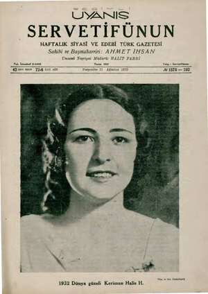 Servetifunun (Uyanış) Dergisi 11 Ağustos 1932 kapağı