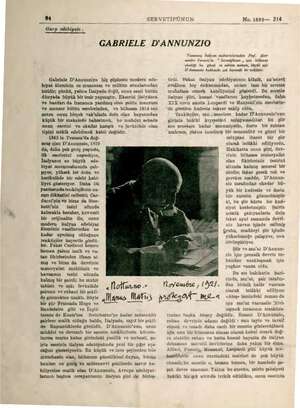    94 , SERVETİFÜN UN Garp edebiyatı ; o No.1899— 214 GABRIELE D'ANNUNZIO Gabriele D'Annunziyo hiç şüphesiz modern ede- biyat
