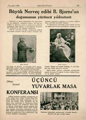  No.1901—216 SERVETİFÜNUN 131 Büyük Norveç edibi B. Bjorns'un doğumunun yüzüncü yıldönümü Norveç'in en büyük ediplerinden biri