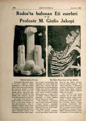  396. SERVETİFÜNUN No.1918—233 Rodos'ta bulunan Kti eserleri Profesör M. Giulio Jakopi Rodos'ta bulunan Eti Rodos asarı atika