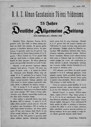  322 : SERVETİFÜNUN No 2096—410 1. A. 5. Alman Gazetesinin 7b1ncı İrldönümü 1861 75 Sahre 1936 EYentjeye Aligemeine Seitung