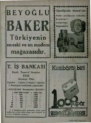    Türkiyenin mağazasıdır. BEYOĞLU en eski ve en modern T. İŞ BANKASI Küçük Tasarruf Hesapları 1944 İkramiye Plânı Keşideler :
