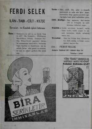    FERDİ SELEK İLÂN - TABI - CİLT - KILİŞE EM - ve Emlâk işleri bürosu Mai — Türkiyenin en eski ve en büyük Türk ve milli ilân