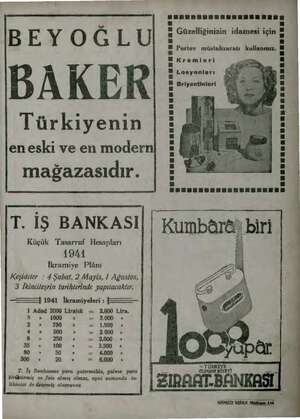    Türkiyenin mağazasıdır. BEYOĞLU DAKER en eski ve en modern T. İŞ BANKASI Küçük Tasarruf Hesapları 1941 İkramiye Plânı...