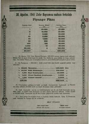  30. Ağustos. 1941 Zafer Bayramına mahsus fevkaldde | Piyango Plânı A | A | İkramiye Adedi le Yayim m (hı! | i ' 1 40.000...