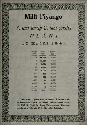      Milli Piyango 7. inci tertip 2. inci çekiliş PLANI 15 Eylül 19-11 İleramiye İkramiye İkramiye Adedi Miktarı Tatarı Lira