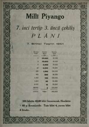  /. inci tertip 3. üncü çekiliş PLÂNI 7. Birinci Teşrin 1944 İleramiye Adedi 40 120 160 1.200 1.200 8.000 160000 170731 100